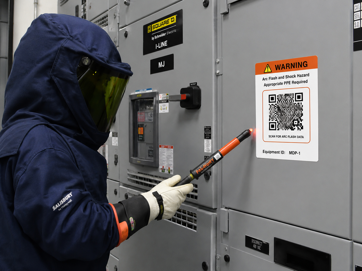 Arc flash label on electrical panel with technician